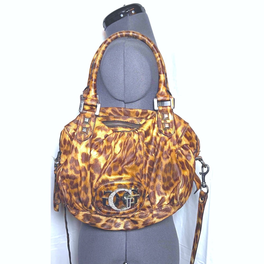 Vintage Guess Leopard Print Rhinestone G Logo Hobo Crossbody Bag DAMAGED/STAINED
